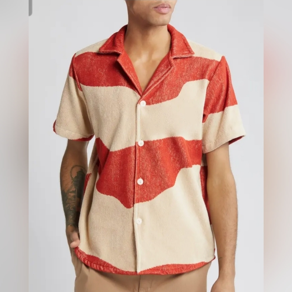 OAS Red and Cream Short Sleeve Button-Up Shirt